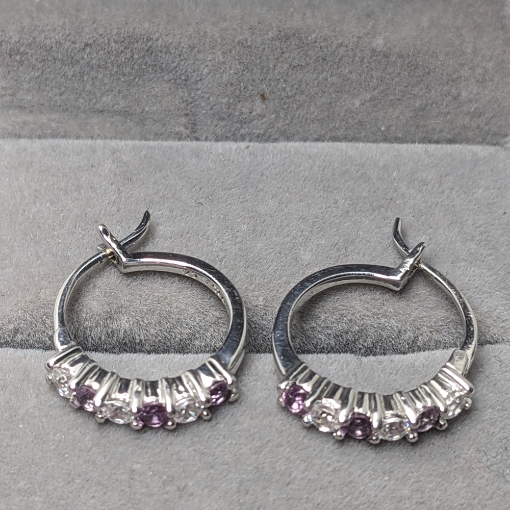New Silver 925 Simulated Alexandrite White Topaz Rhodium Plated Hoop Earrings